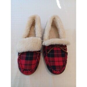 J. Crew Lodge plaid slippers sz 12 faux fur lined mocassins NWOT red navy preppy